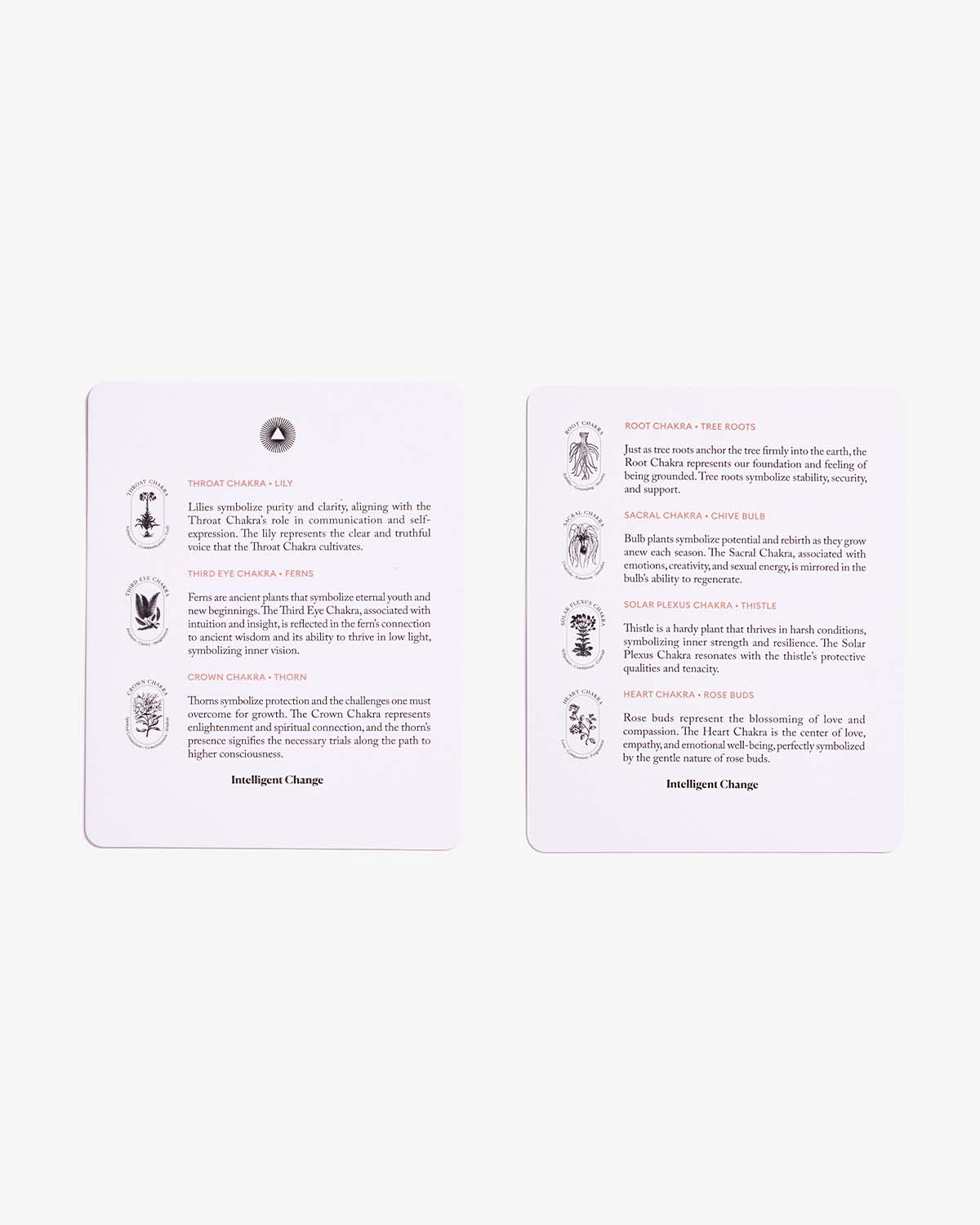 A set of mindful affirmations for chakra balancing by Intelligent Change, featuring calming and inspiring phrases on a neutral background.