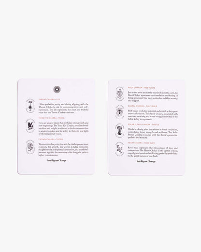 A set of mindful affirmations for chakra balancing by Intelligent Change, featuring calming and inspiring phrases on a neutral background.