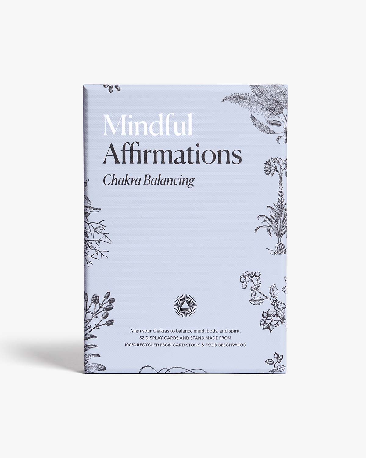 A set of mindful affirmations for chakra balancing by Intelligent Change, featuring calming text and chakra symbols on a serene background.