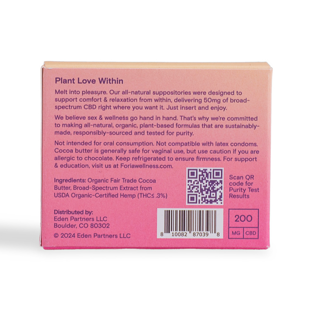 Foria Intimacy Melts with CBD, four-pack, showing the back of the product packaging with branding and product details.