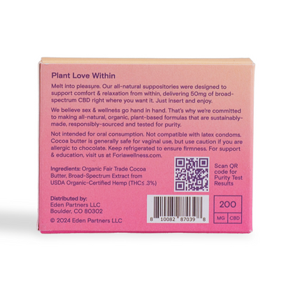 Foria Intimacy Melts with CBD, four-pack, showing the back of the product packaging with branding and product details.