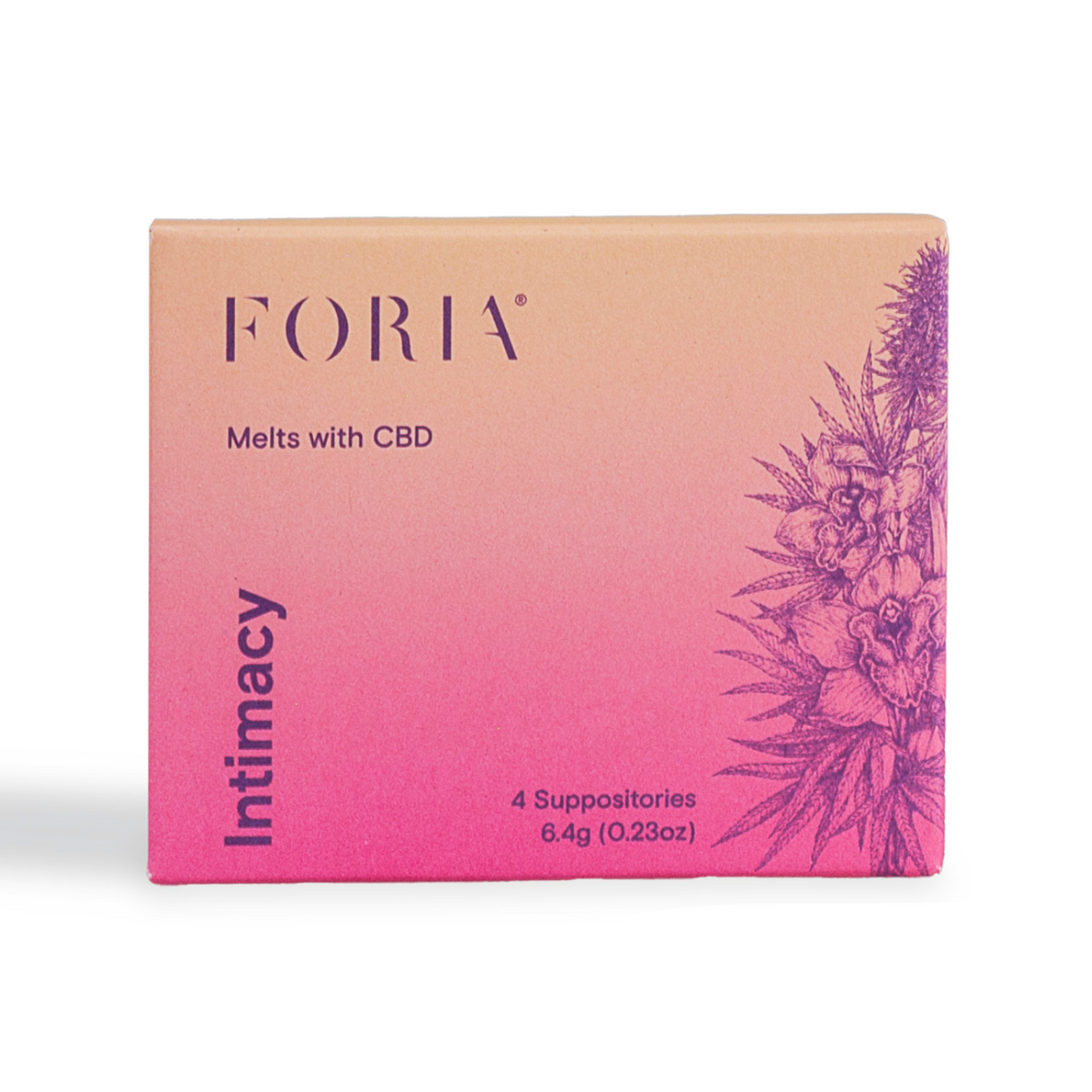 Foria Intimacy Melts with CBD, 4-pack, showing the product packaging and melts in a natural setting.