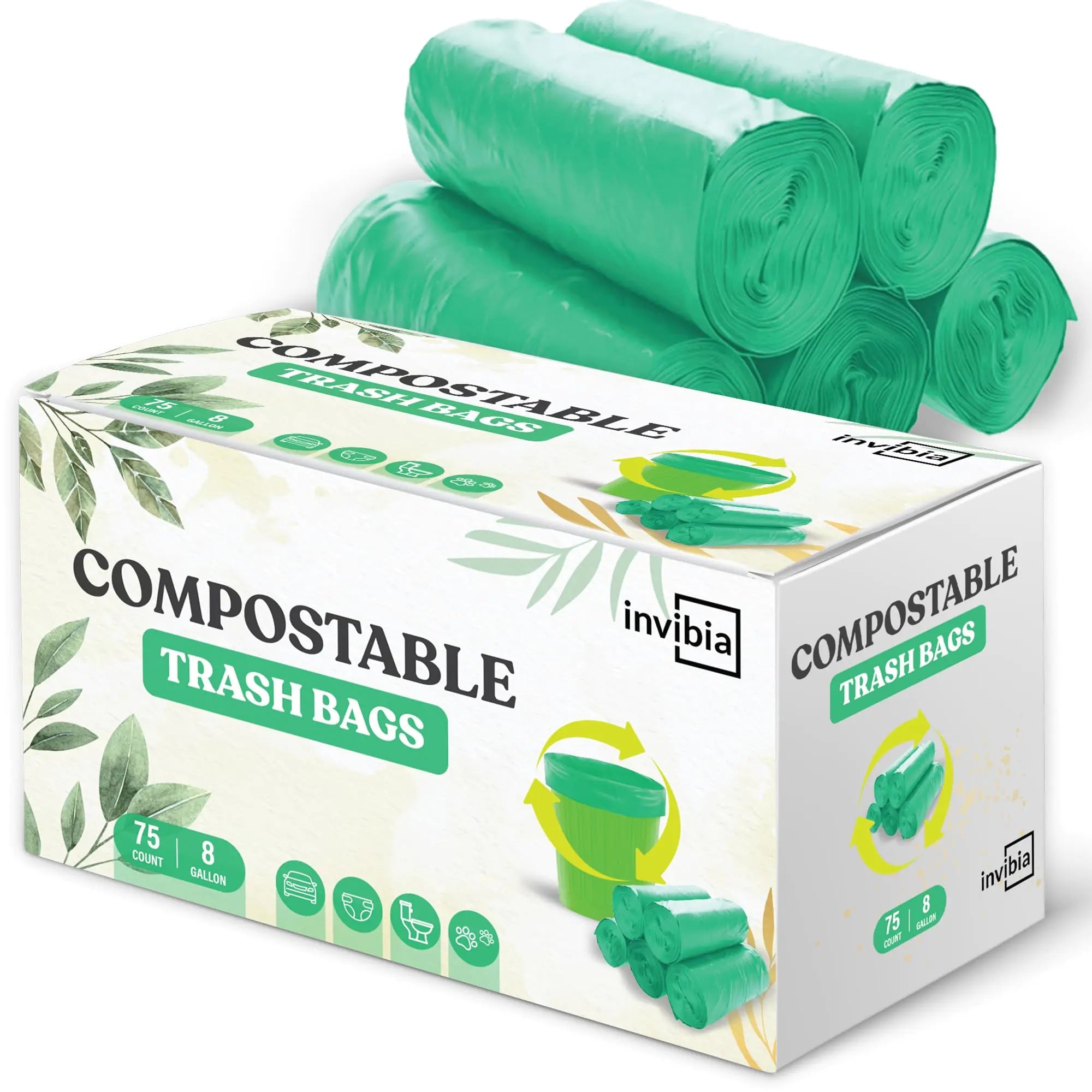 INVIBIA Compostable Trash Bags | Kitchen Compost Bag for Countertop Bin | Odor Control Disposable Bags | Small Biodegradable Trash Bags with Large Capacity | Recyclable Trash Bags - 75 Pack (Green) - BACKUPMYFILESNOW