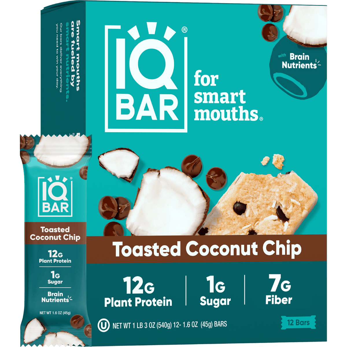 IQBAR toasted coconut chip protein bars, 12-pack, showing the packaging with the bars inside.