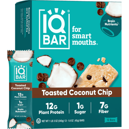 IQBAR toasted coconut chip protein bars, 12-pack, showing the packaging with the bars inside.