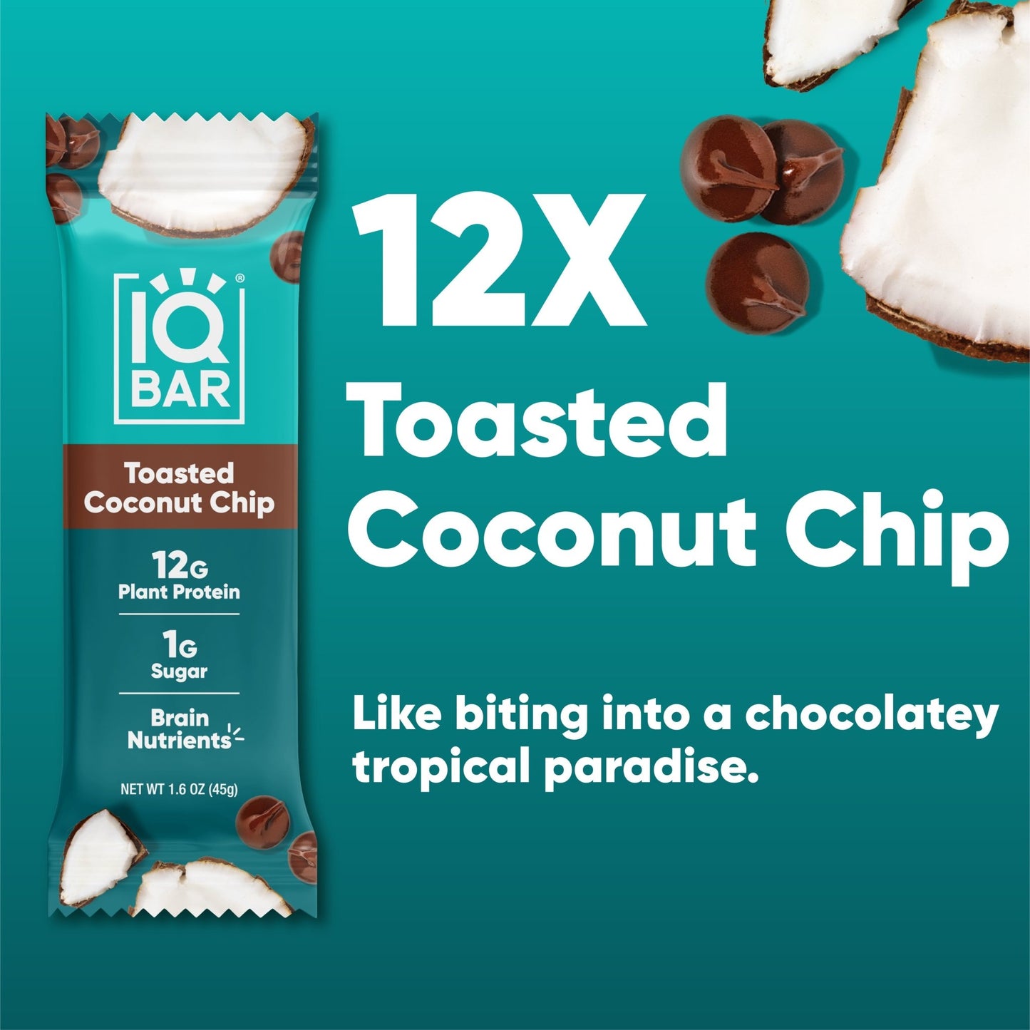 Pack of 12 IQBAR toasted coconut chip snack bars with coconut flakes and crunchy texture, ideal for on-the-go snacking.