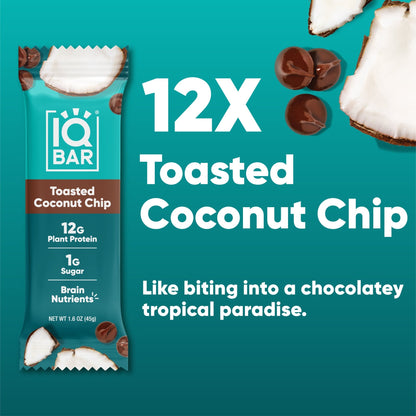 Pack of 12 IQBAR toasted coconut chip snack bars with coconut flakes and crunchy texture, ideal for on-the-go snacking.