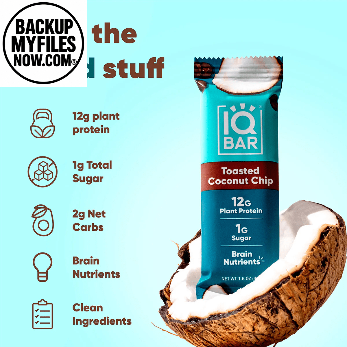 Pack of 12 IQBAR Toasted Coconut Chip bars showing the nutty, toasted coconut flavor and packaging on a white background.