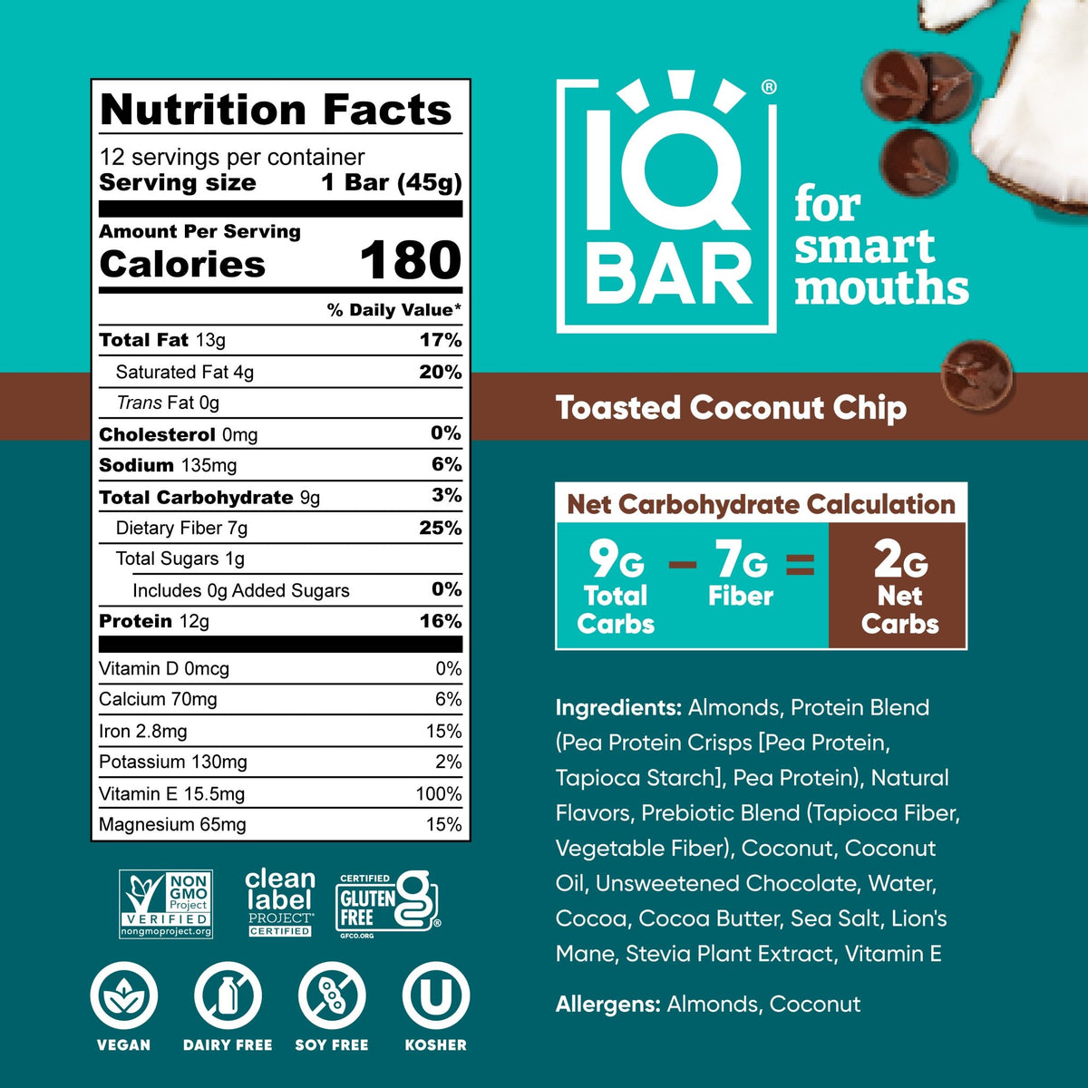 Pack of 12 IQBAR toasted coconut chip protein bars featuring crunchy coconut flakes and a healthy snack appearance.