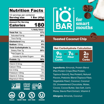 Pack of 12 IQBAR toasted coconut chip protein bars featuring crunchy coconut flakes and a healthy snack appearance.