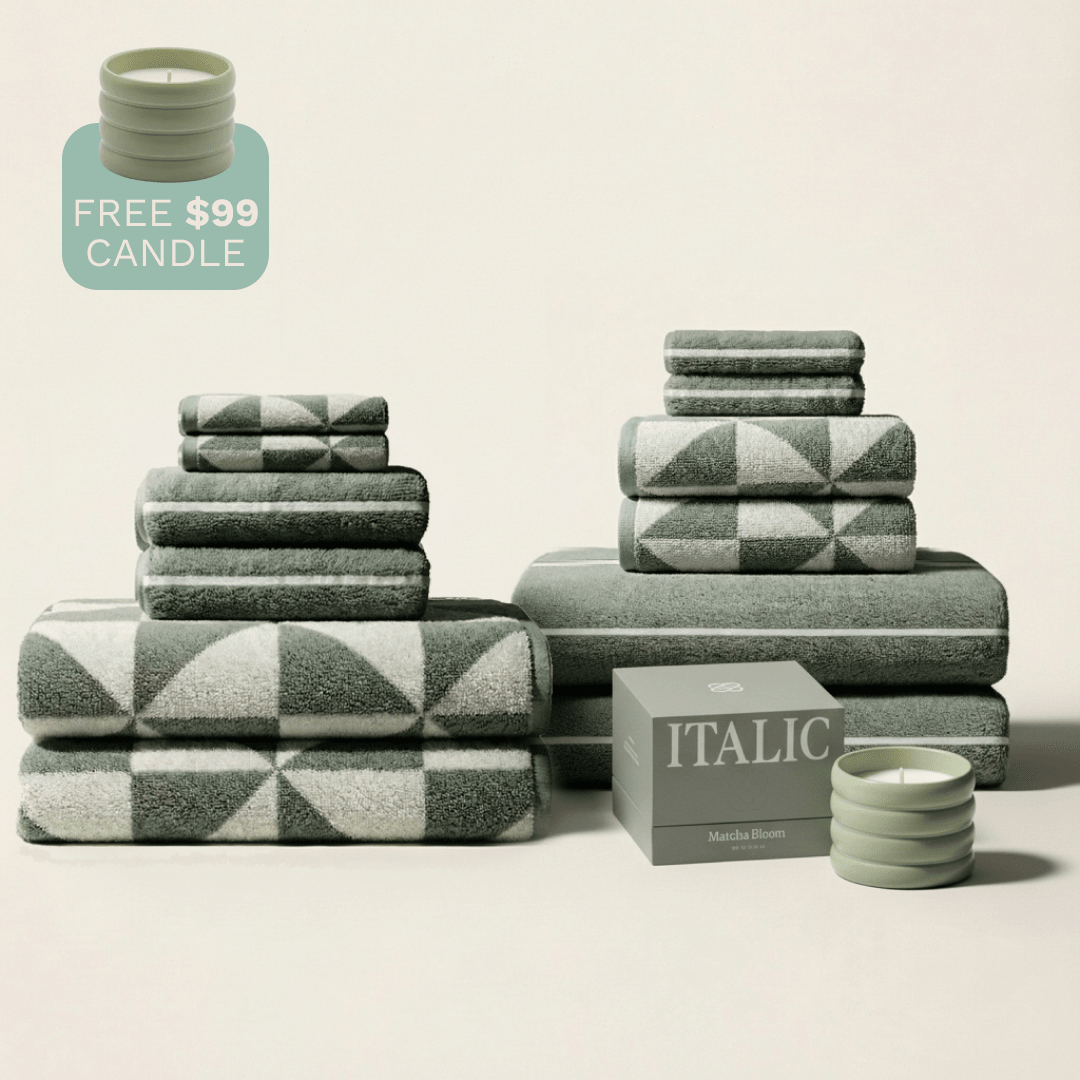 Set of two Italic Umbra Australian Cotton Bath Towels in sage and ecru, soft and absorbent for home bath use.