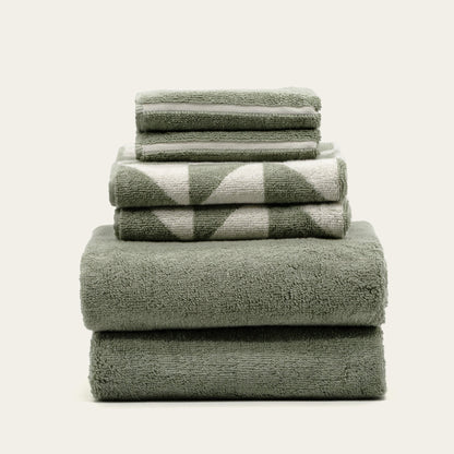 Set of two Italic Umbra Australian Cotton bath towels in sage and ecru, soft and absorbent home bath accessories.