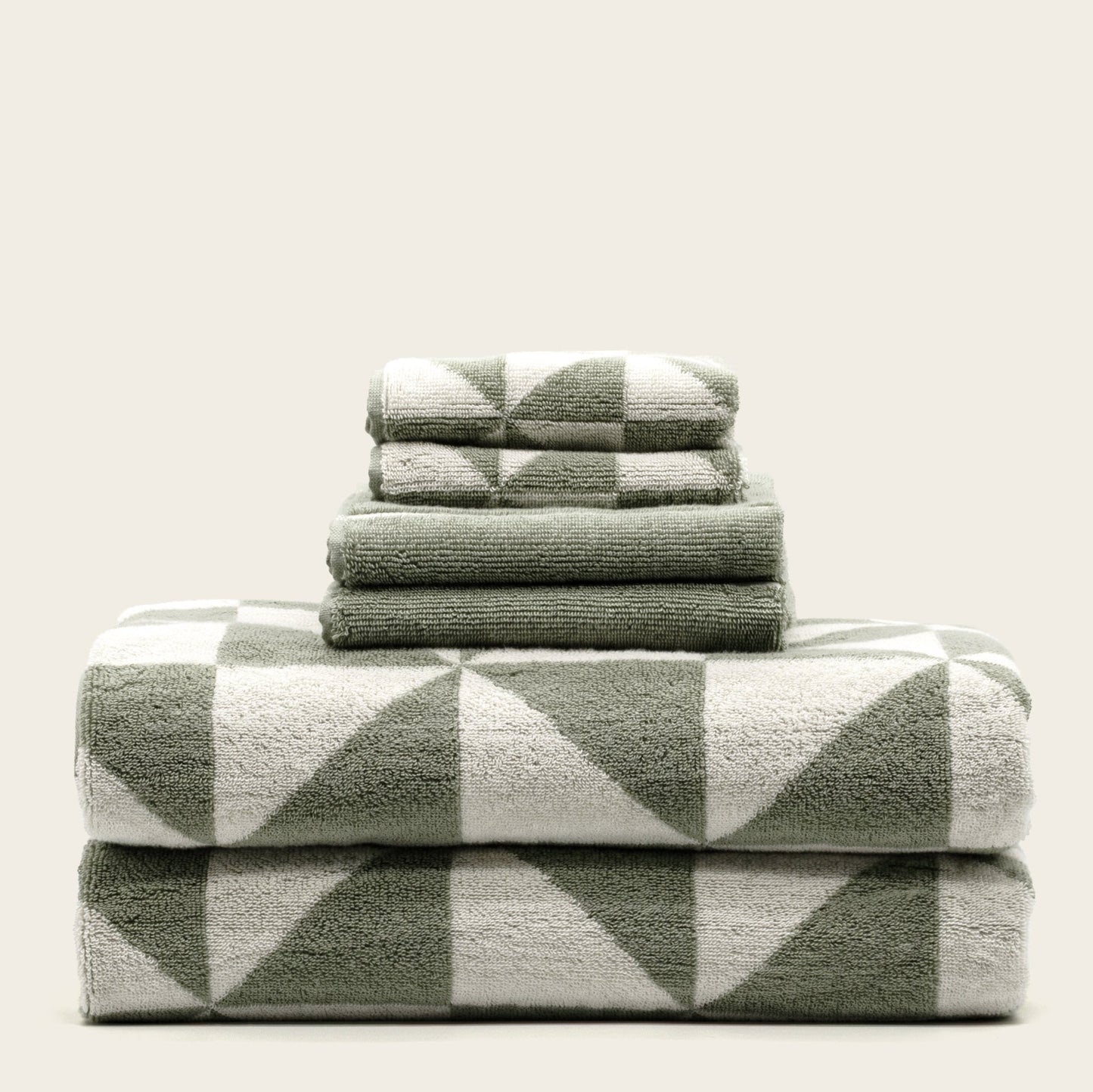 Set of two Italic Umbra Australian Cotton Bath Towels in sage and ecru, soft and plush for home bath use.