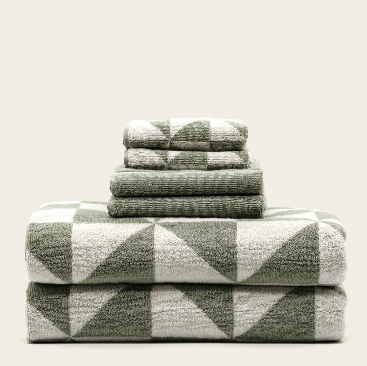 Set of two Italic Umbra Australian Cotton Bath Towels in sage and ecru, soft and plush for home bath use.