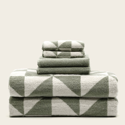 Set of two Italic Umbra Australian Cotton Bath Towels in sage and ecru, soft and plush for home bath use.