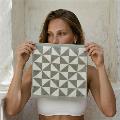Set of two Italic Umbra Australian Cotton bath towels in sage and ecru, soft and plush for home bathroom use.