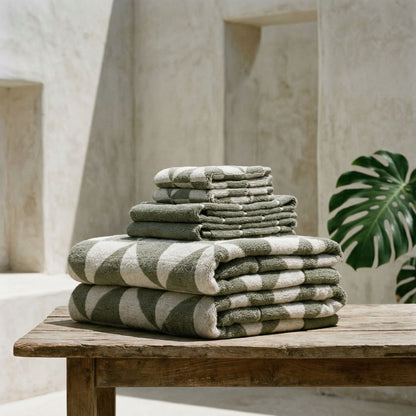 Set of two Italic Umbra Australian Cotton Bath Towels in sage and ecru, soft and plush for home bathroom use.