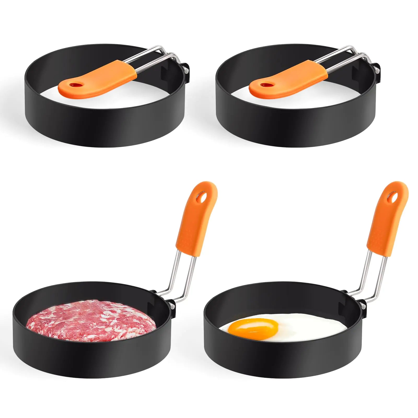 Yafeco Egg RingsStainless Steel Griddle Frying Egg with Silicone HandleNonstick Egg Cooking RingsOmelet RingPancake Ring Round Cooking Rings Molds For Breakfast (4Pcs Round 3.5)
