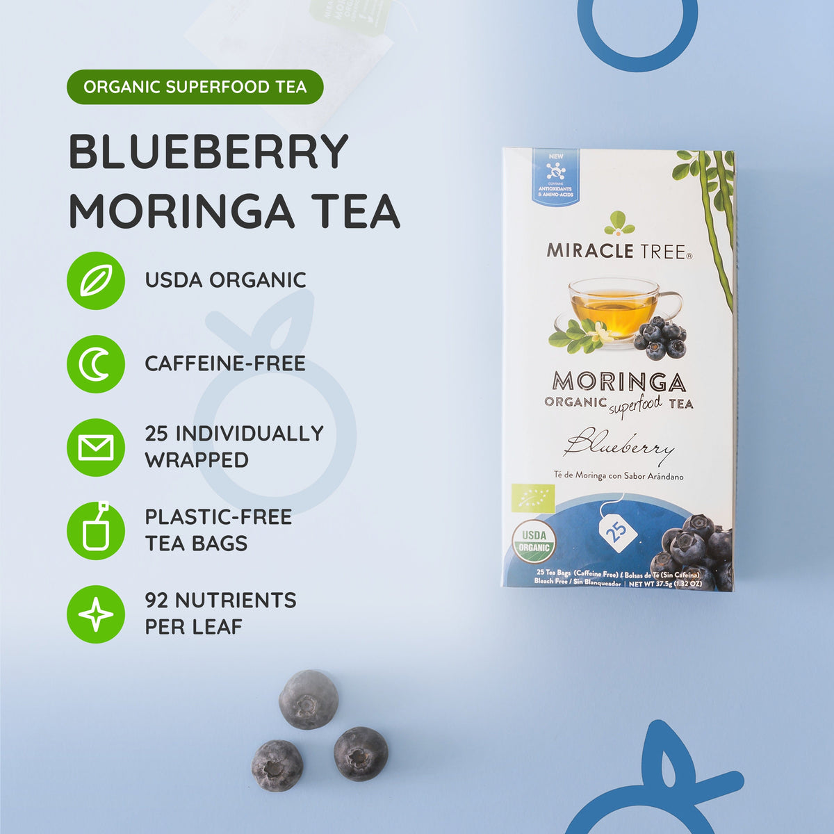Organic Moringa Blueberry Herbal Tea by Miracle Tree in a tea bag, showcasing dried herbs and blueberries for caffeine-free infusion.