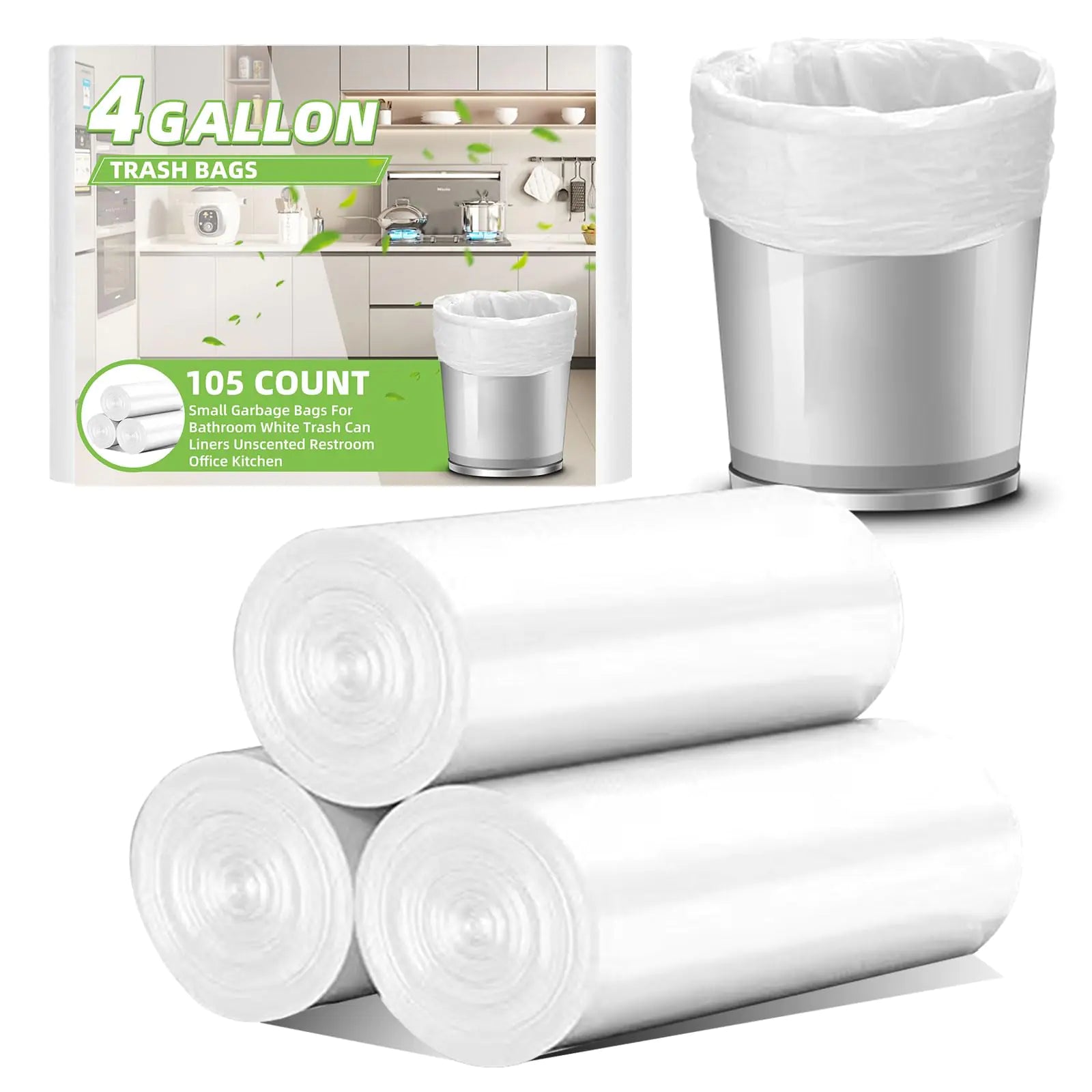 4 Gallon Small Trash Bags 105 Count Tear & Leak Resistant Small Garbage Bags For Bathroom White Trash Can Liners