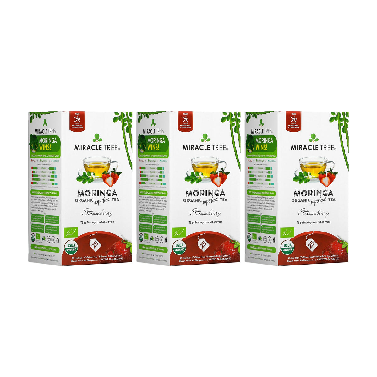 Organic Moringa Tea with strawberry flavor by Miracle Tree, caffeine-free herbal tea in a tea bag.