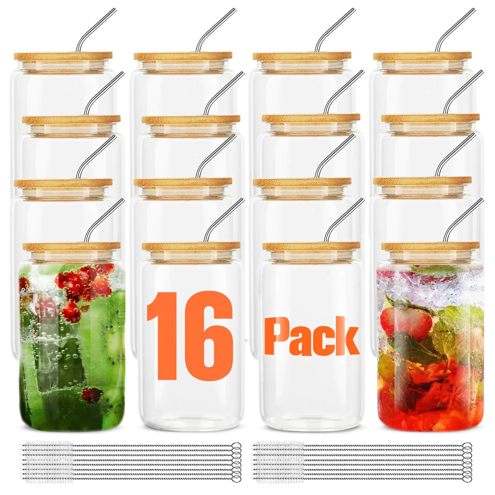 ASKIZ [16Pcs Set] Glass Cups With Bamboo Lids And Straws16Oz Glass Water Bottles Glass Jars Cups Drinking Glasses Beer Glasses Ice Coffee Glasses For Juicing Coffee Soda Tea