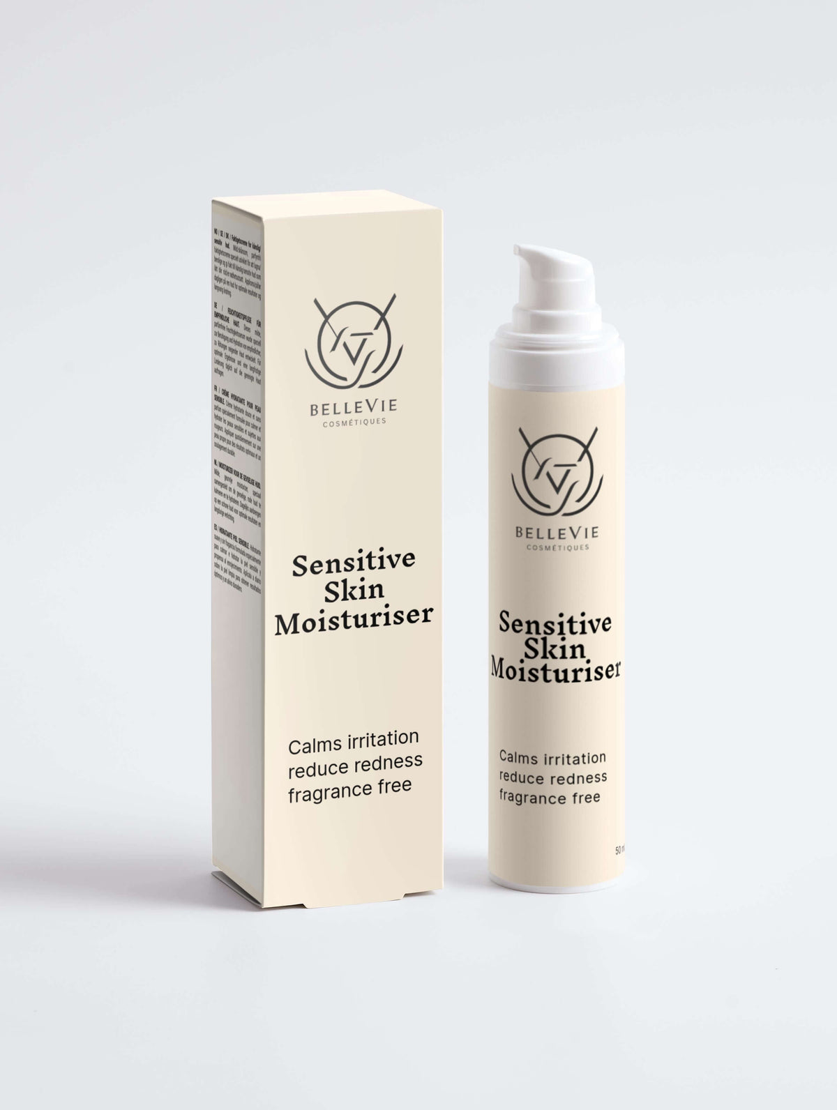 Fragrance-free BelleVie Cosmétiques Sensitive Skin Moisturiser 50ml with calming, hydrating formula for delicate skin.