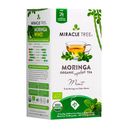 Organic Miracle Tree Moringa Mint Herbal Tea in a tea bag, showcasing fresh mint leaves and dried moringa herbs.