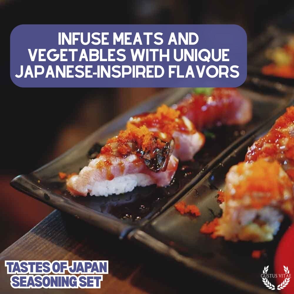 Japanese seasoning gift set featuring six artisanal spice blends from Gustus Vitae, showcasing colorful jars and traditional packaging.