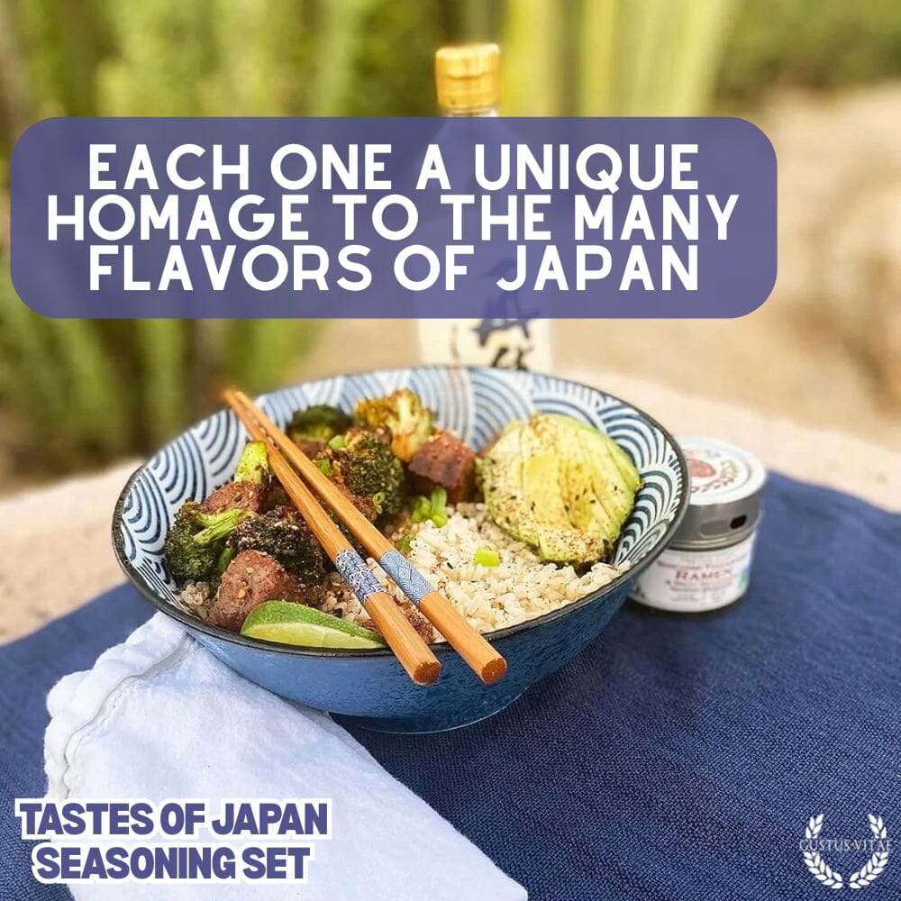Japanese seasoning gift set by Gustus Vitae featuring six artisanal spice blends in a collection, perfect for culinary gifts.