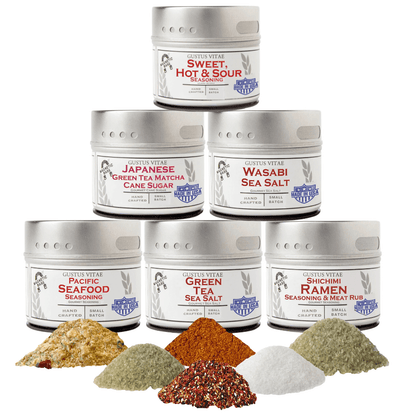 Japanese seasoning gift set by Gustus Vitae featuring six artisanal spice blends in a collection perfect for culinary gifts.