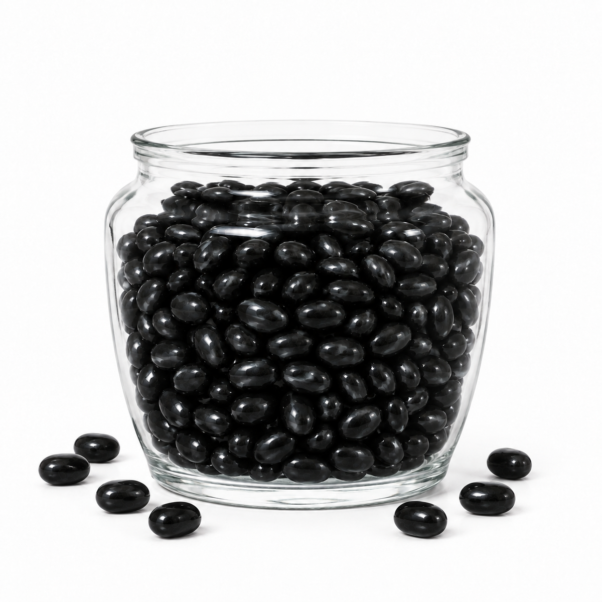 Black jelly beans with berry flavor from Candy In Bulk, shown in a large bulk candy bag.