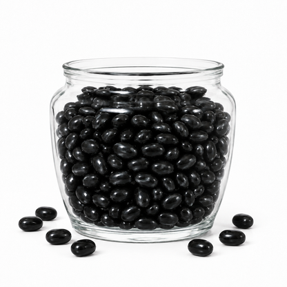 Black jelly beans with berry flavor from Candy In Bulk, shown in a large bulk candy bag.