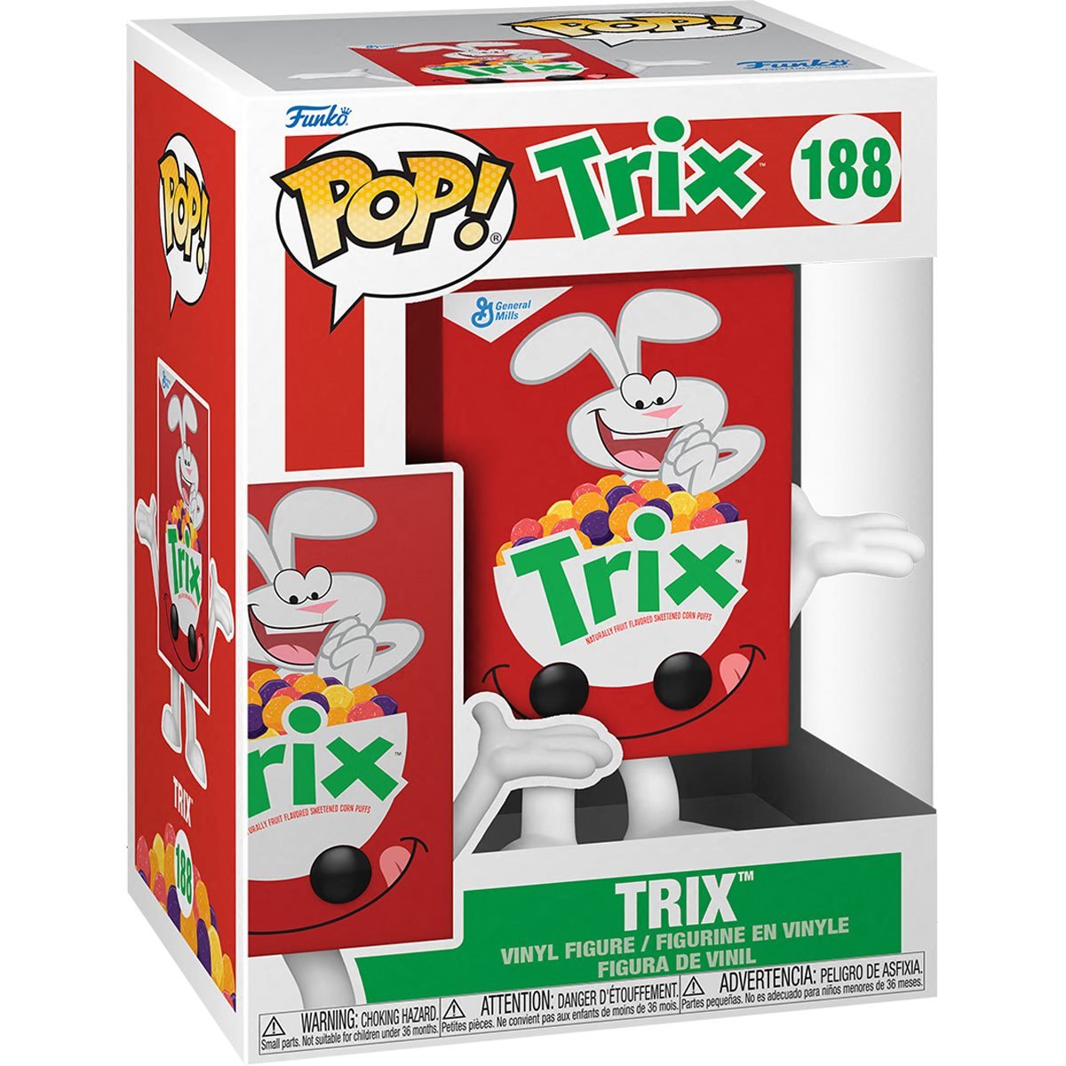 Funko Pop! General Mills Trix Cereal Box bobblehead figure on a display stand, featuring colorful Trix cereal branding.