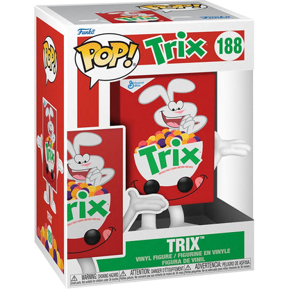 Funko Pop! General Mills Trix Cereal Box bobblehead figure on a display stand, featuring colorful Trix cereal branding.