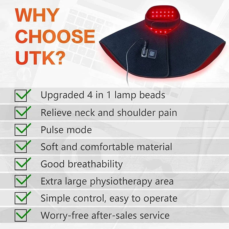 iReliev red light therapy wrap for neck and shoulder pain relief, heating pad with adjustable straps and LED light panels.
