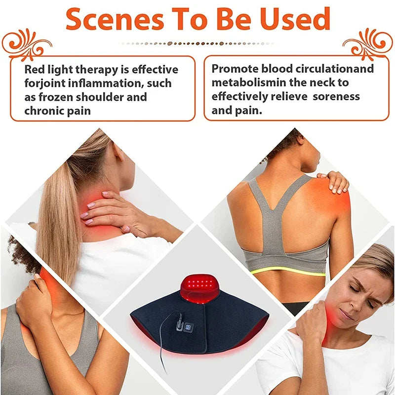 iReliev red light therapy wrap for neck and shoulders, a heating pad designed for pain relief with adjustable fit and infrared light technology.