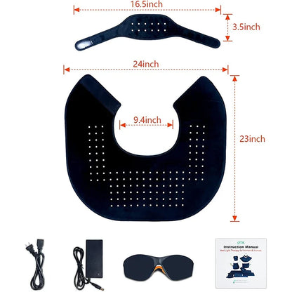 iReliev red light therapy wrap for neck and shoulder pain relief, featuring heating pad design with adjustable straps.