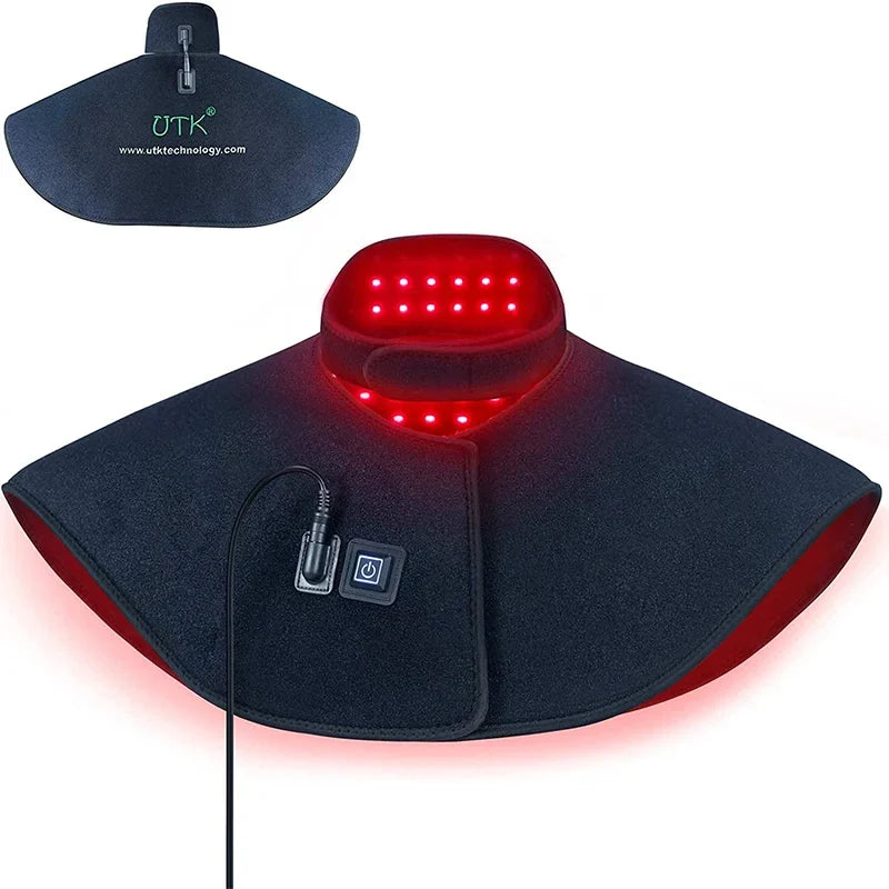 iReliev red light therapy heating pad wrapped around neck and shoulders for pain relief, with adjustable straps and soft fabric.