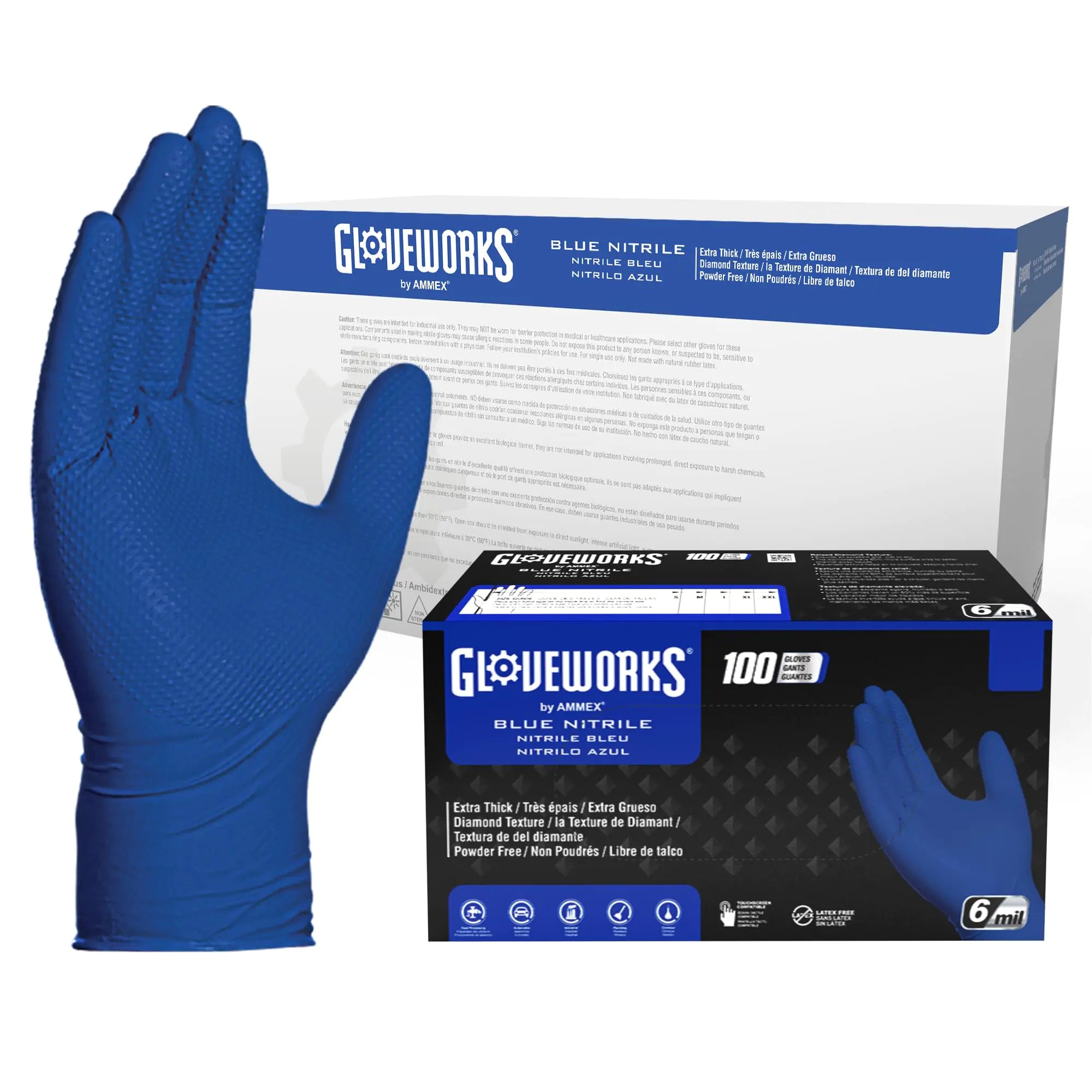 GLOVEWORKS HD Royal Blue Nitrile Gloves XXL Latex Free Nitrile Disposable Gloves Nitrile Gloves Case of 1000