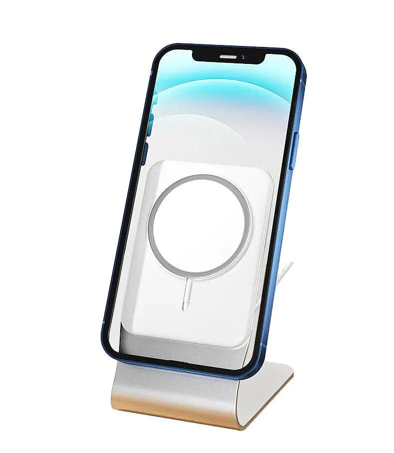 Wireless charging desktop stand for mobile phones in aluminum alloy and silicone with sleek white design