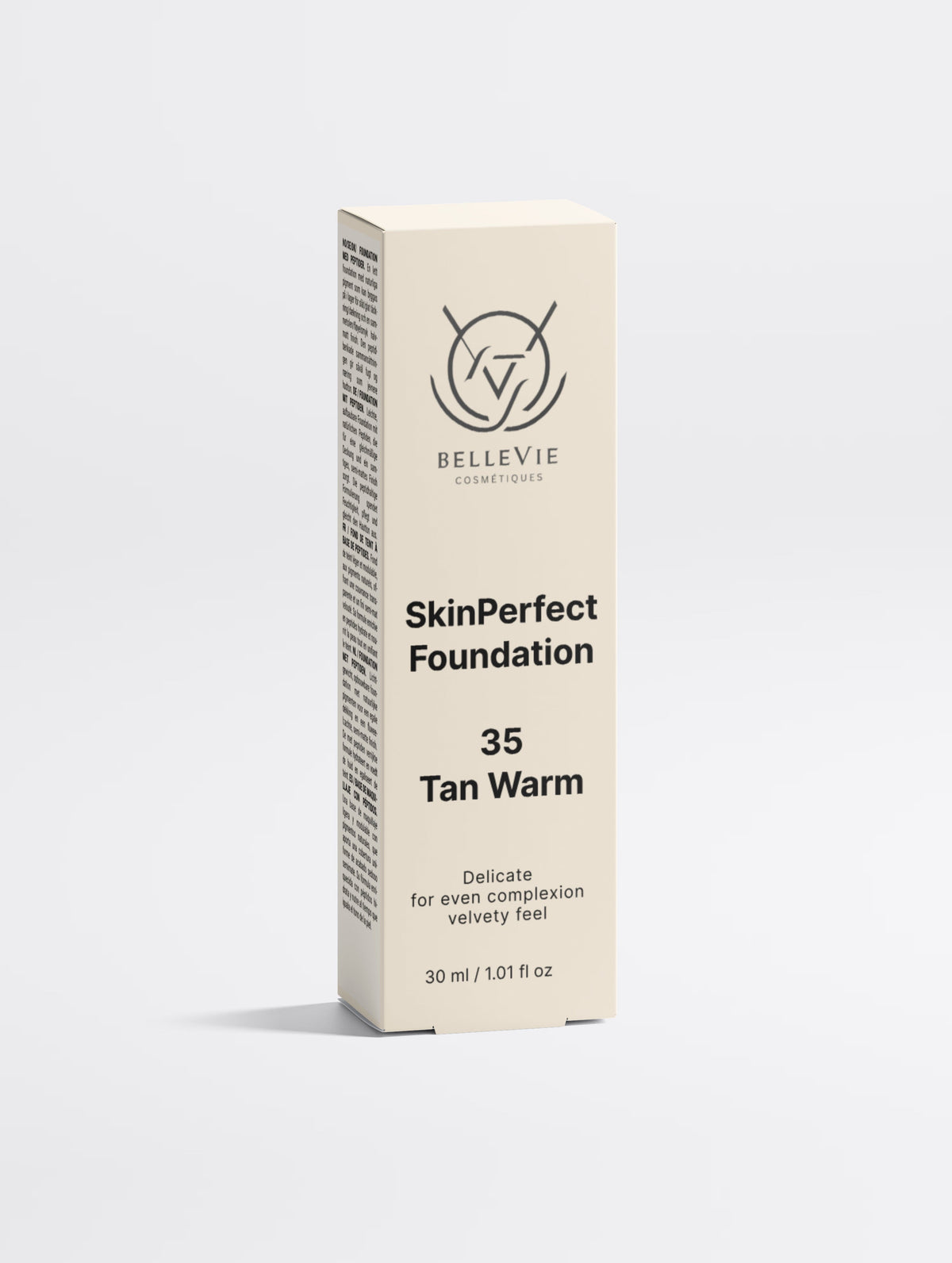 Peptide Skin-Perfecting Foundation in 35 Tan Warm by BelleVie Cosmétiques, showcasing warm-toned tan skin with smooth finish