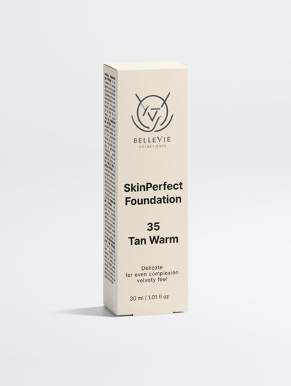 Peptide Skin-Perfecting Foundation in 35 Tan Warm by BelleVie Cosmétiques, showcasing warm-toned tan skin with smooth finish