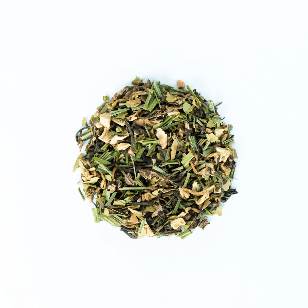 Organic Kathmandu Cosmos tea blend by Nepal Tea with colorful floral packaging and loose tea leaves on a white background.