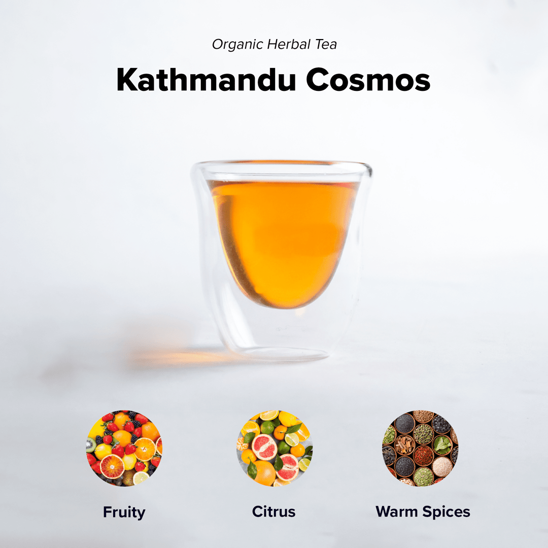 Organic Kathmandu Cosmos tea blend by Nepal Tea, featuring a vibrant, colorful mix of herbal and floral ingredients in a glass jar.