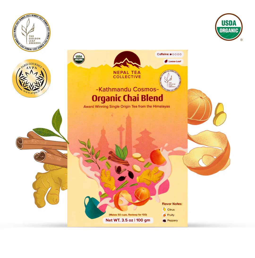 Organic Kathmandu Cosmos tea blend by Nepal Tea, showing a vibrant mix of dried herbs and flowers in a colorful packaging.