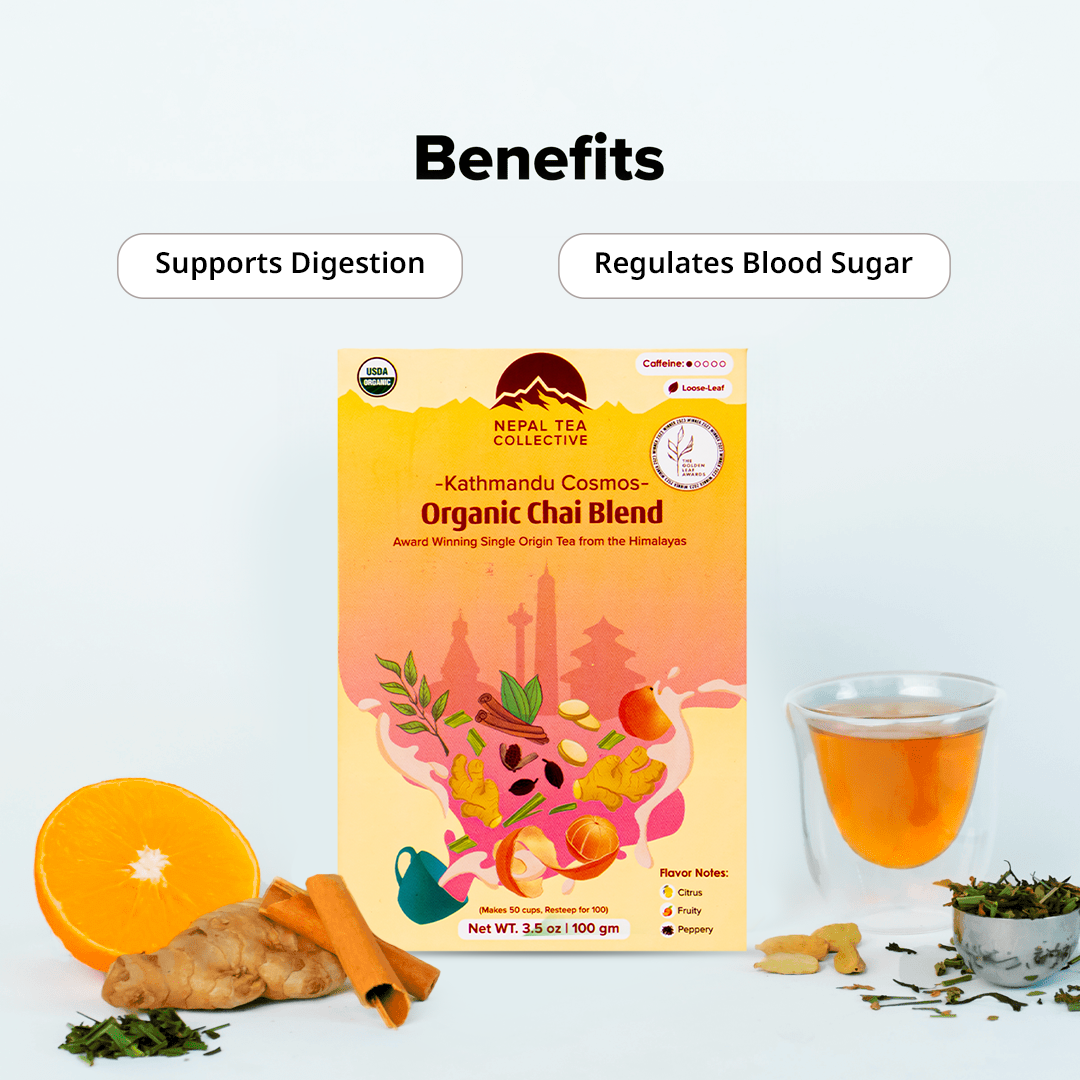 Organic Kathmandu Cosmos tea blend from Nepal Tea featuring vibrant tea leaves and herbs in a natural, fresh presentation.