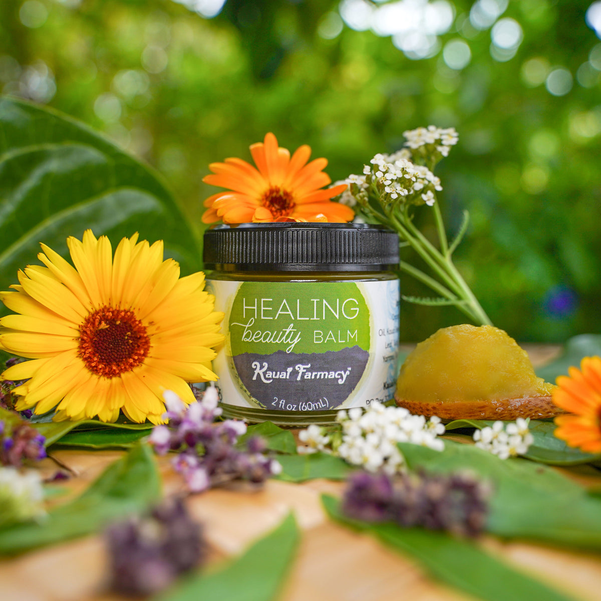 Kauai Farmacy Healing Beauty Balm salve in a 2oz jar, natural skincare product for soothing and nourishing skin.