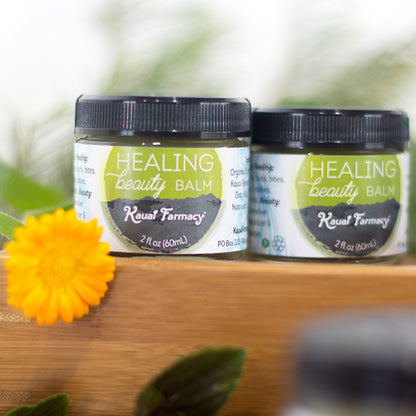 Kauai Farmacy Healing Beauty Balm in a 2oz jar, natural salve for skin repair and soothing healing skin care.