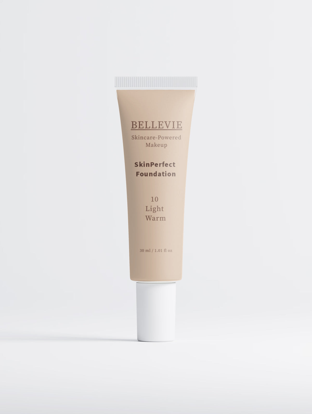 BelleVie Cosmétiques Peptide Skin-Perfecting Foundation in 10 Light Warm, light skin tone with warm undertone, natural finish.